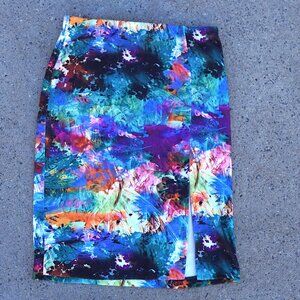 INC Abstract Print Pencil Midi Skirt L Stretch Elastic Waist Colorful Work